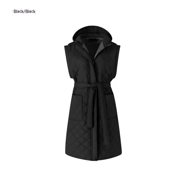 Thin Hood Cotton padded Women's Vest Slim fit Mid length Black - Shop at LoveMi