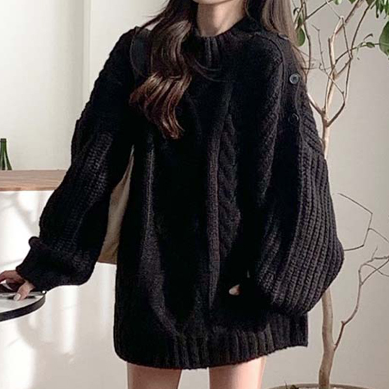 Gentle Lazy Style Round Neck Side Button Fried Dough Twist Knit Sweater