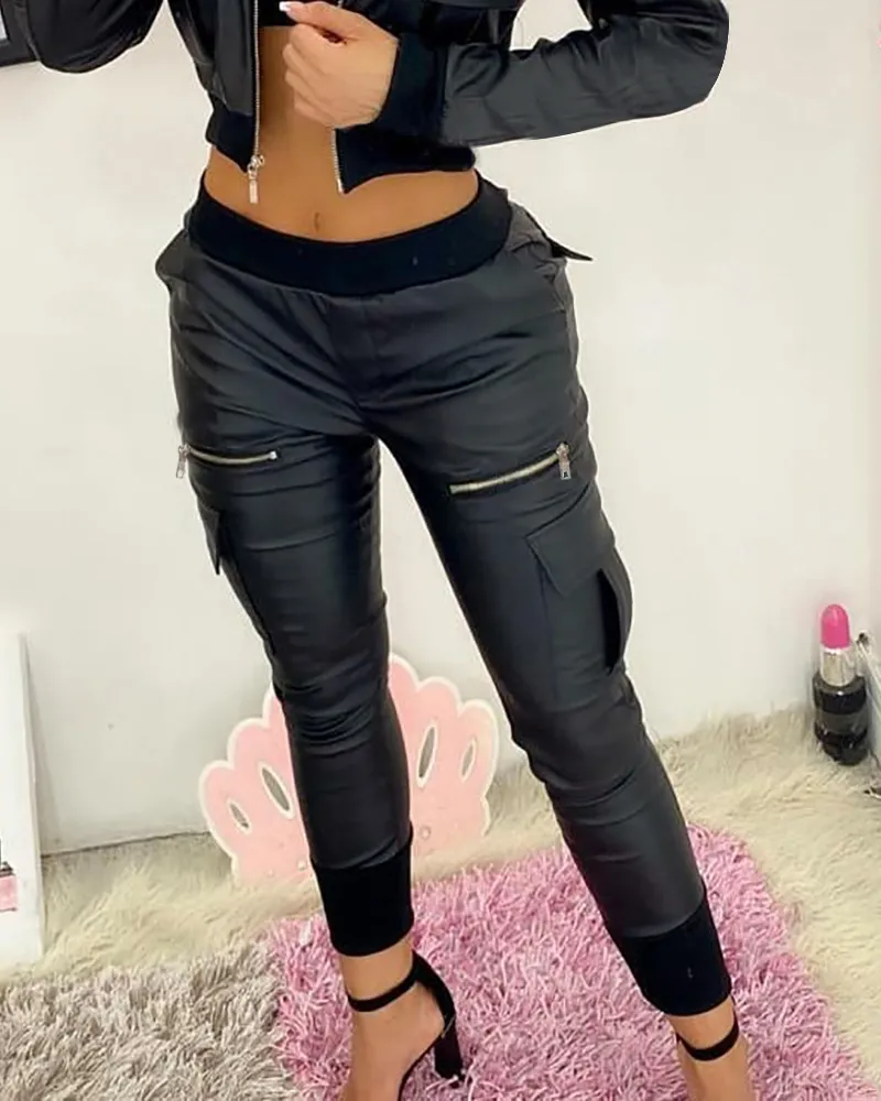 European And American Women's Black PU Tie Trousers - Black