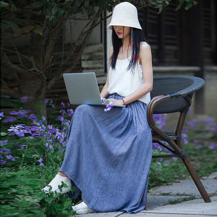 Women's Fashion Large Swing Artistic Cotton Linen Linen Tie dyed Skirt Sky Blue - Shop at LoveMi