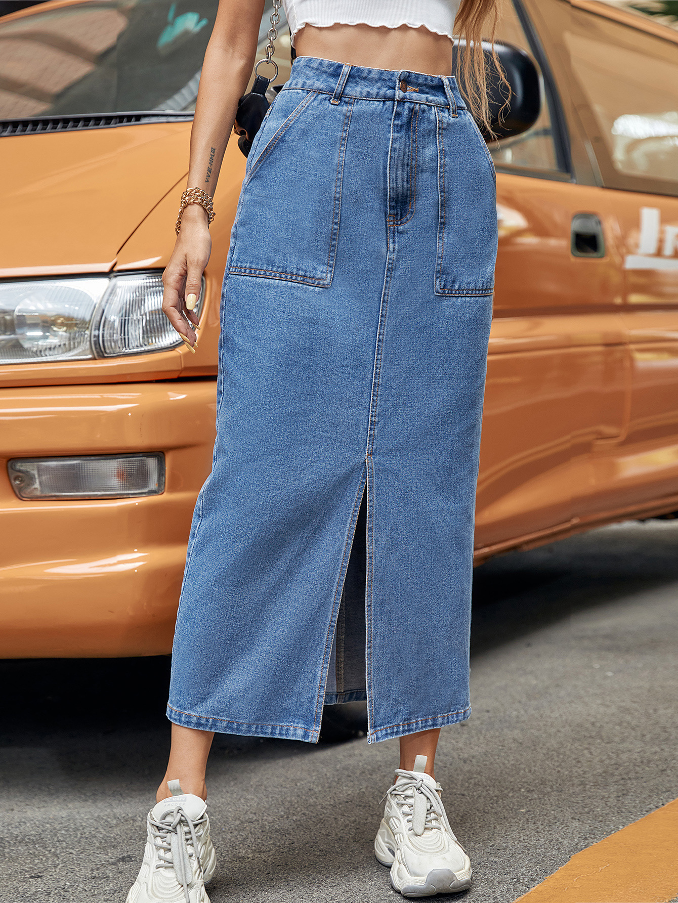 High Waist A-line Slit Bag Hip Long Summer Denim Skirt
