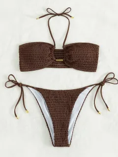 Plain Smocked Tie Side Bikini Swimsuit Women - Coffee - View 1