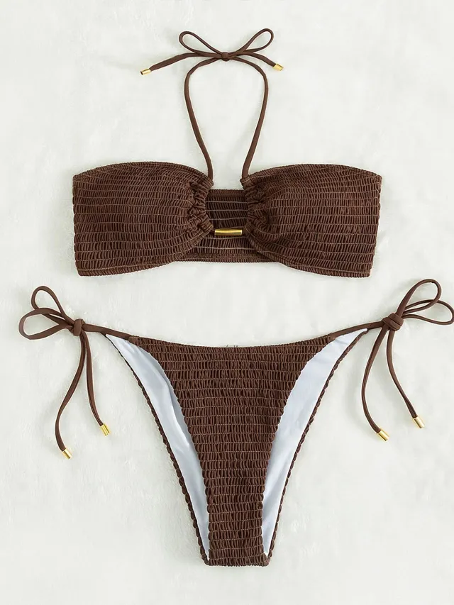 Plain Smocked Tie Side Bikini Swimsuit Women Coffee - Shop at LoveMi