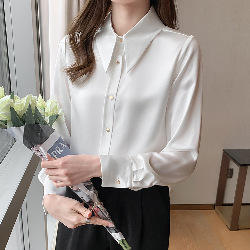 Fashion Solid Color Women's Long-sleeved Satin Casual Shirt