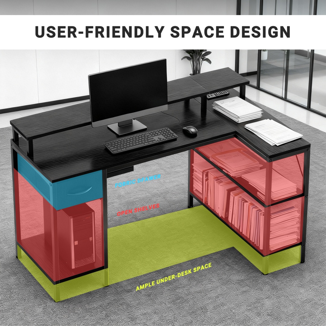 53-inch Gaming Table With USB Charging Port And LED Light, Reversible L-shaped Table With Power Socket And Monitor Stand image 28