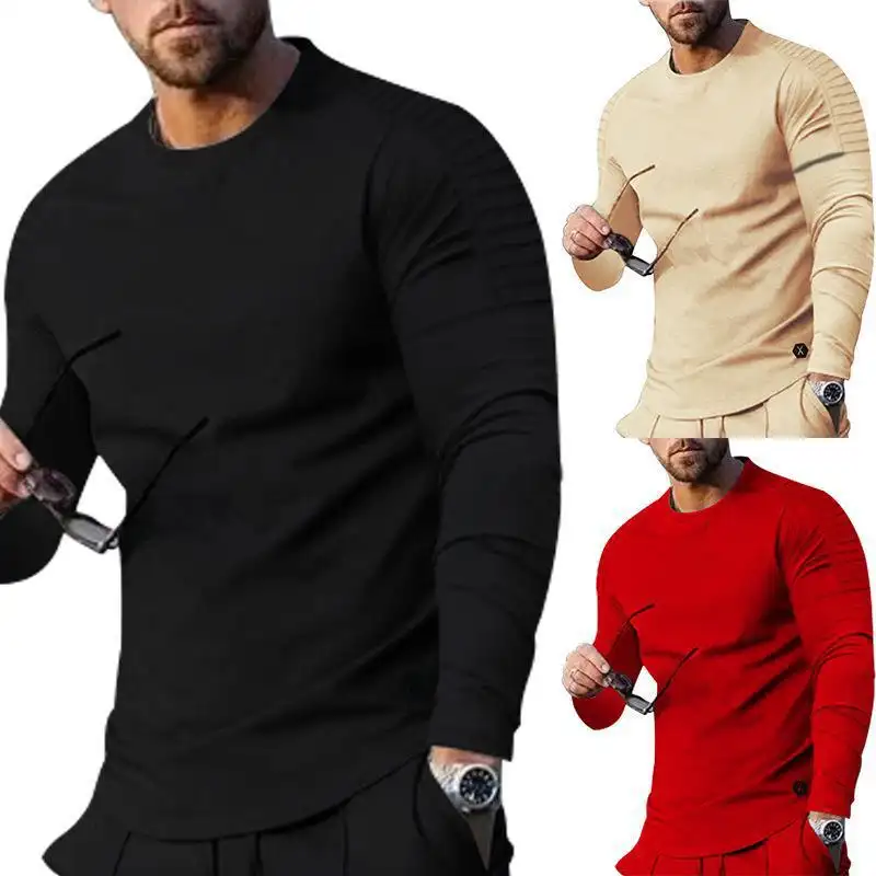 Men's New Long Sleeve T-shirt Solid Round Neck