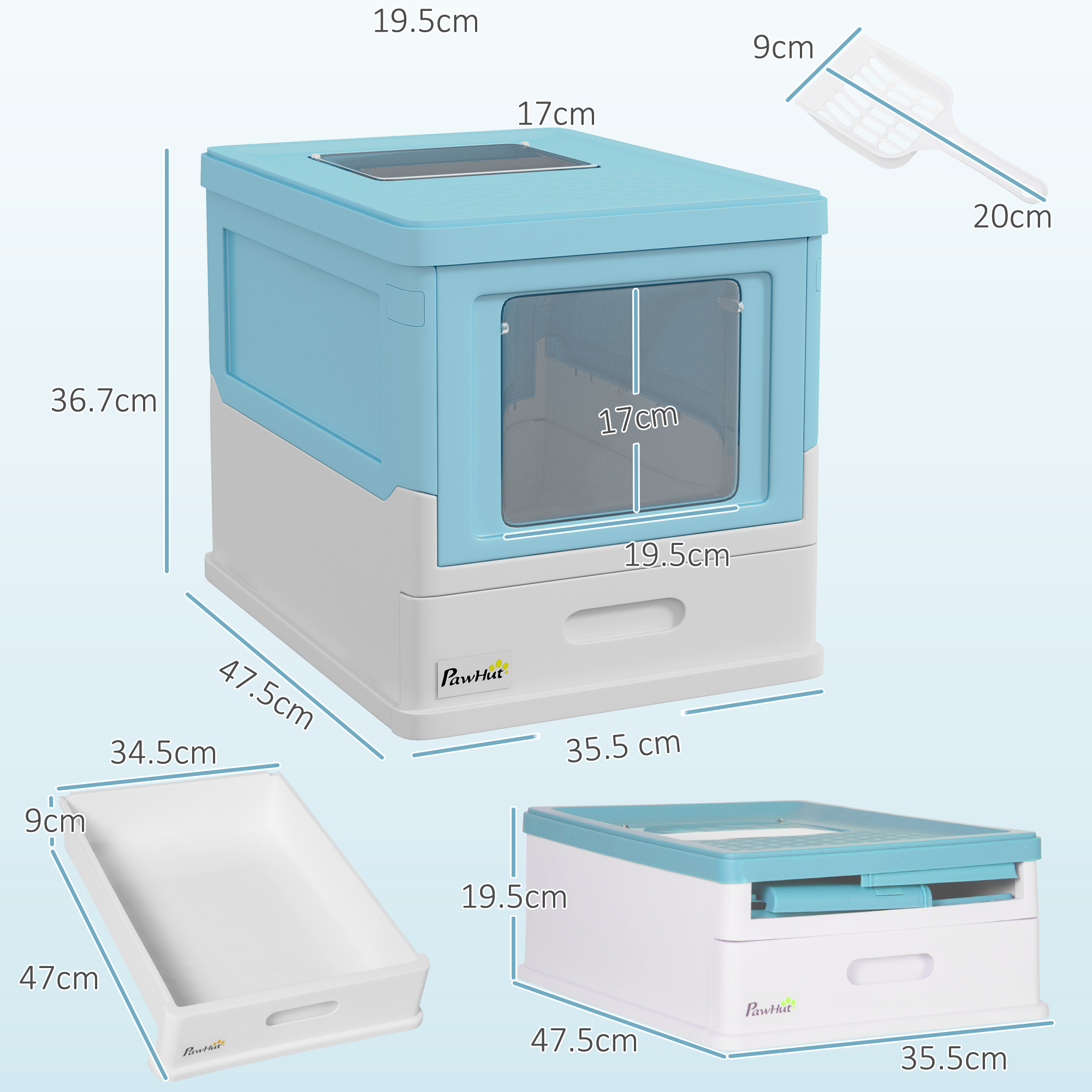 Hooded Cat Litter Box, Portable Pet Toilet, With Scoop, Front Entry - Light Blue — image 2