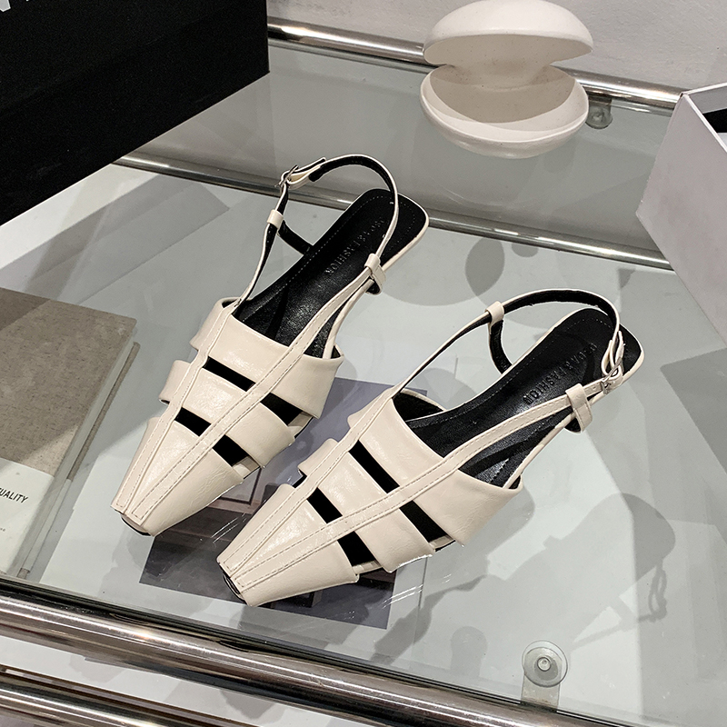 2026 Women Unique Design Hollow Breathable Genuine Leather Back Strap Roman Sandals, Square Covered Toe Mid Block Heel Cowhide Sandals
