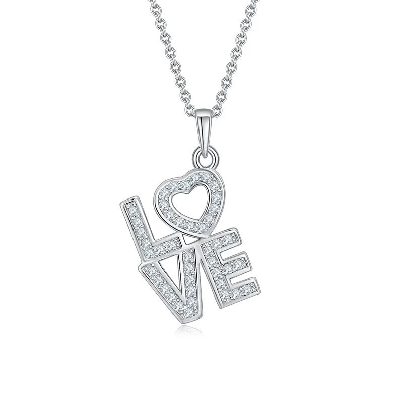 S925 Silver 1.7g Moissanite LOVE Necklace, Pave