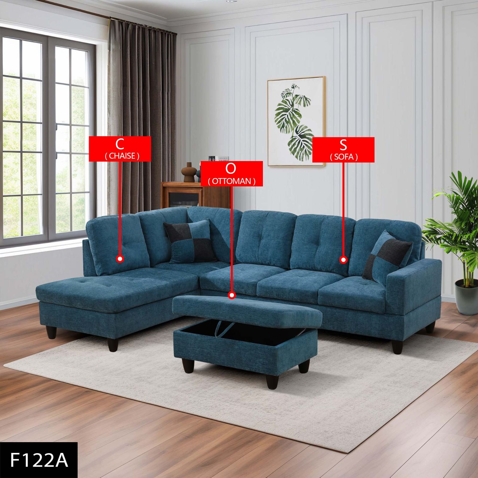 Pickup Only--Blue Flannel 3-Piece Couch Living Room Sofa Set