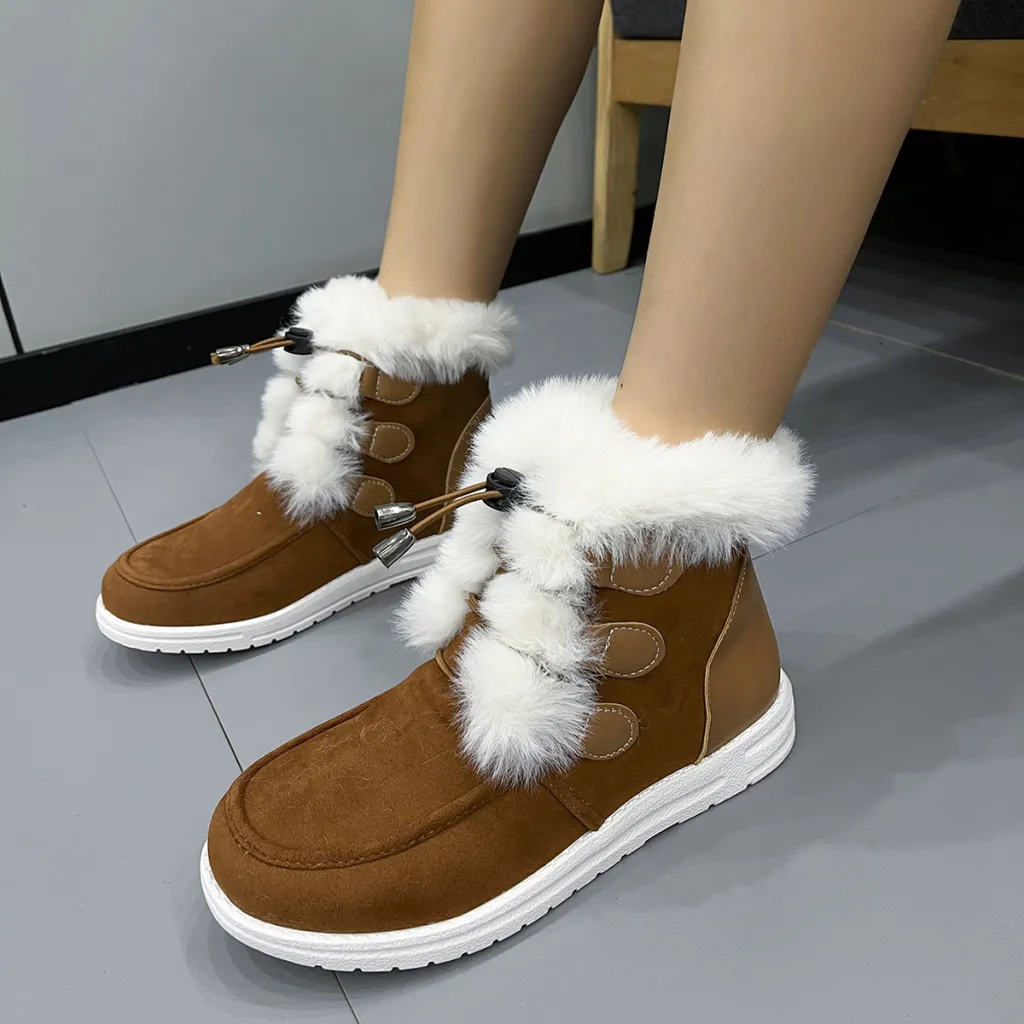 Fashion Suede Fleece Snow Boots Winter Warm Plush Round Toe Cotton Shoes Versatile Simple Short Boot For Women - Brown