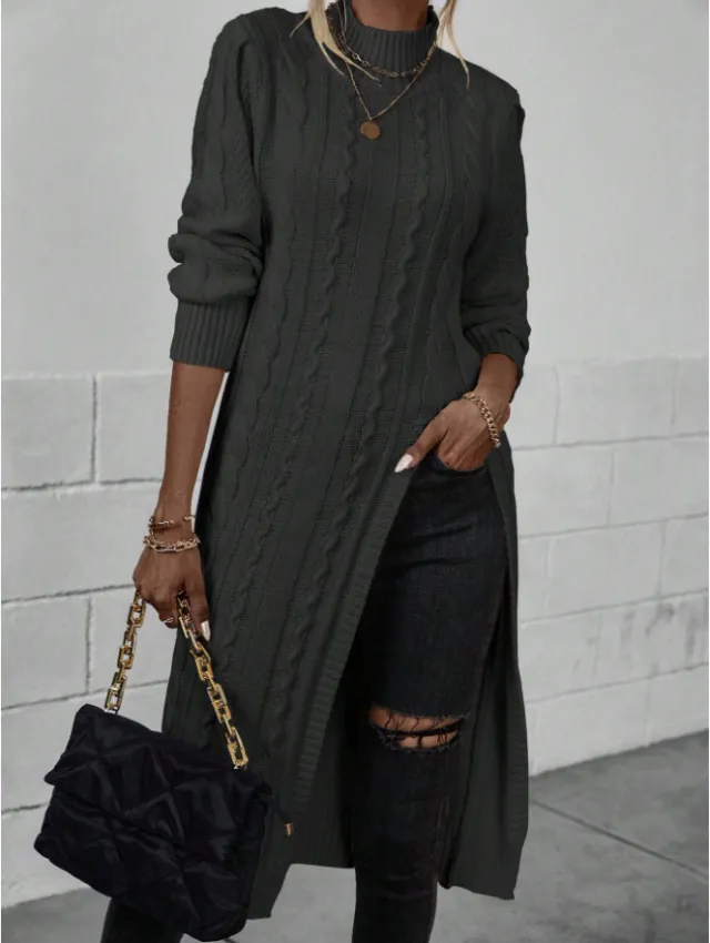 Women Crew Neck Long Sleeve Split Hem Minimalist Sweater Black - Shop at LoveMi