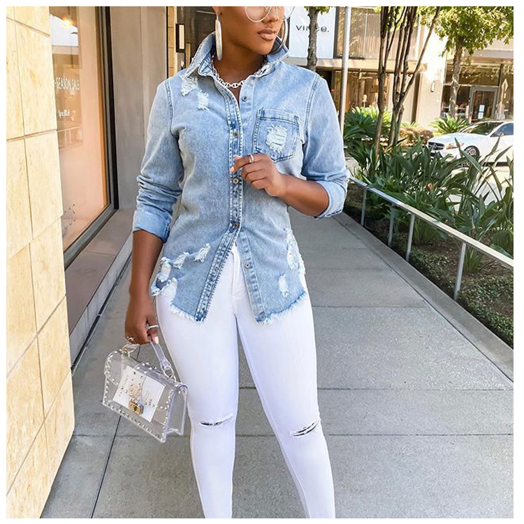 Lapel Denim Long-sleeved Cardigan Shirt