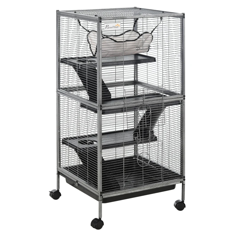 PawHut Metal Small Animal Cage Rolling Big Ferret Cage, Chinchilla Cage, Sugar Glider Cage, With Hammock & 4 Tiers, Removable Tray, Gray