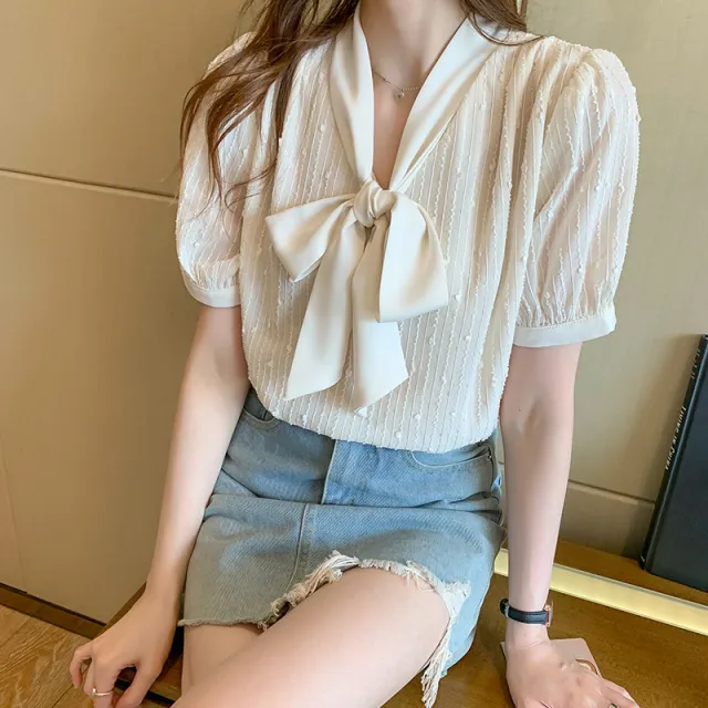 Summer New Style Short Sleeved Chiffon Shirt Women Retro Loose Top Apricot - Shop at LoveMi