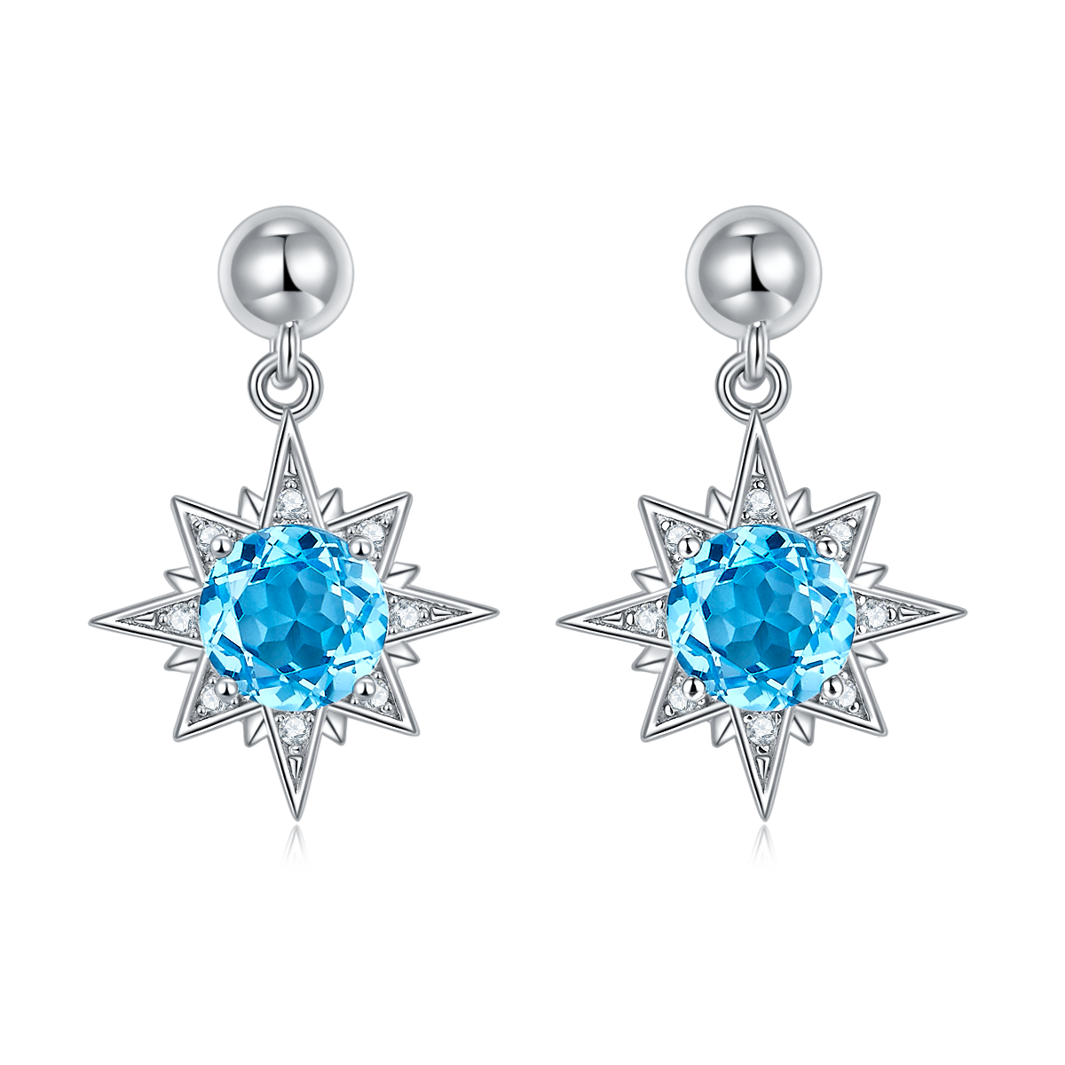 S925 Sterling Silver Star Dangle Earrings, 6mm Natural Blue Crystal, Platinum Plated Drop Earrings For Women, 3.2g, Jewelry Gift Box Set