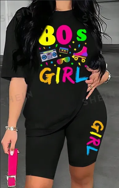 Women's Letter Printed Round Neck T Shirt And Shorts Set Black - Shop at LoveMi