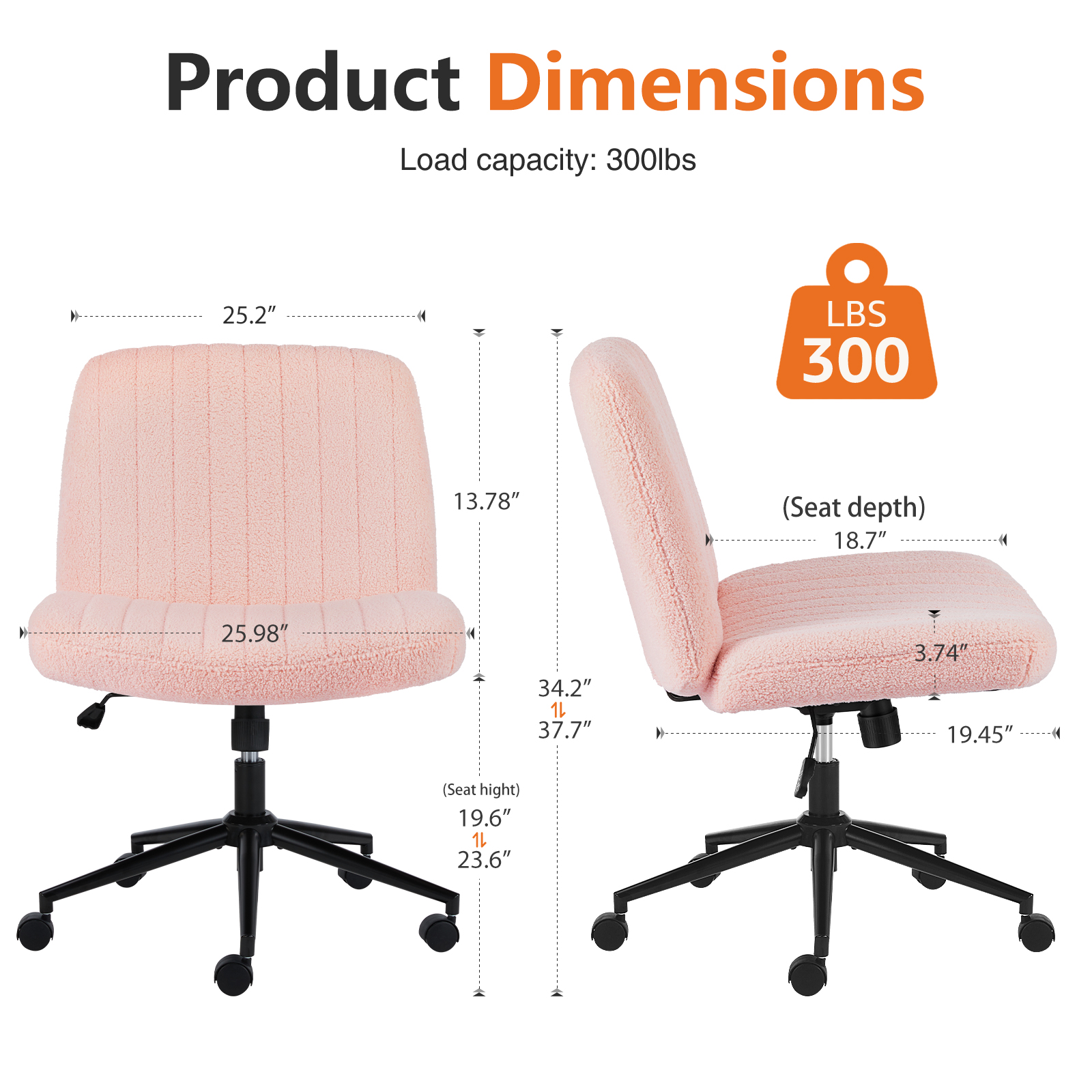 Office Desk Vanity Chair Cross Legged Armless Swivel Fabric Height Adjustable Wide Seat With Replaceable Wheels-Fixed Base, Comfy Task Chair Padded_voghion.com