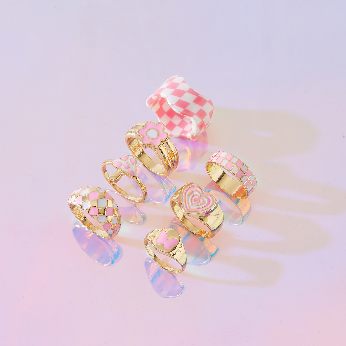 Fashion Black And White Mushroom Butterfly Heart Checkerboard Ring Set