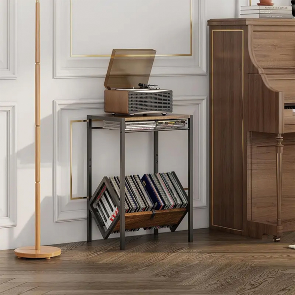 Vintage Record Player Stand with Built-In Vinyl Storage-image
