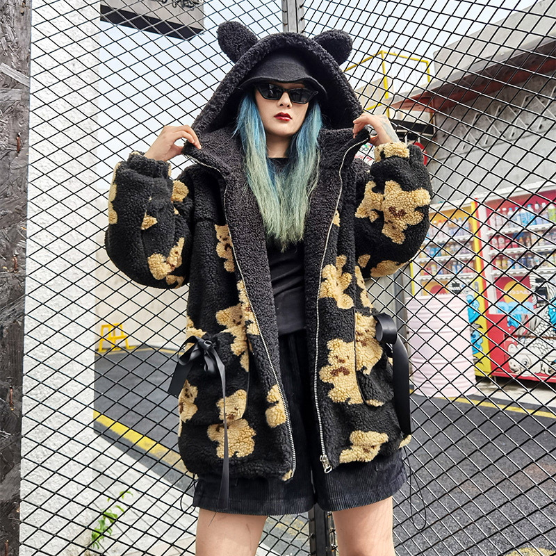 Women's Bear Print Loose Hooded Cardigan