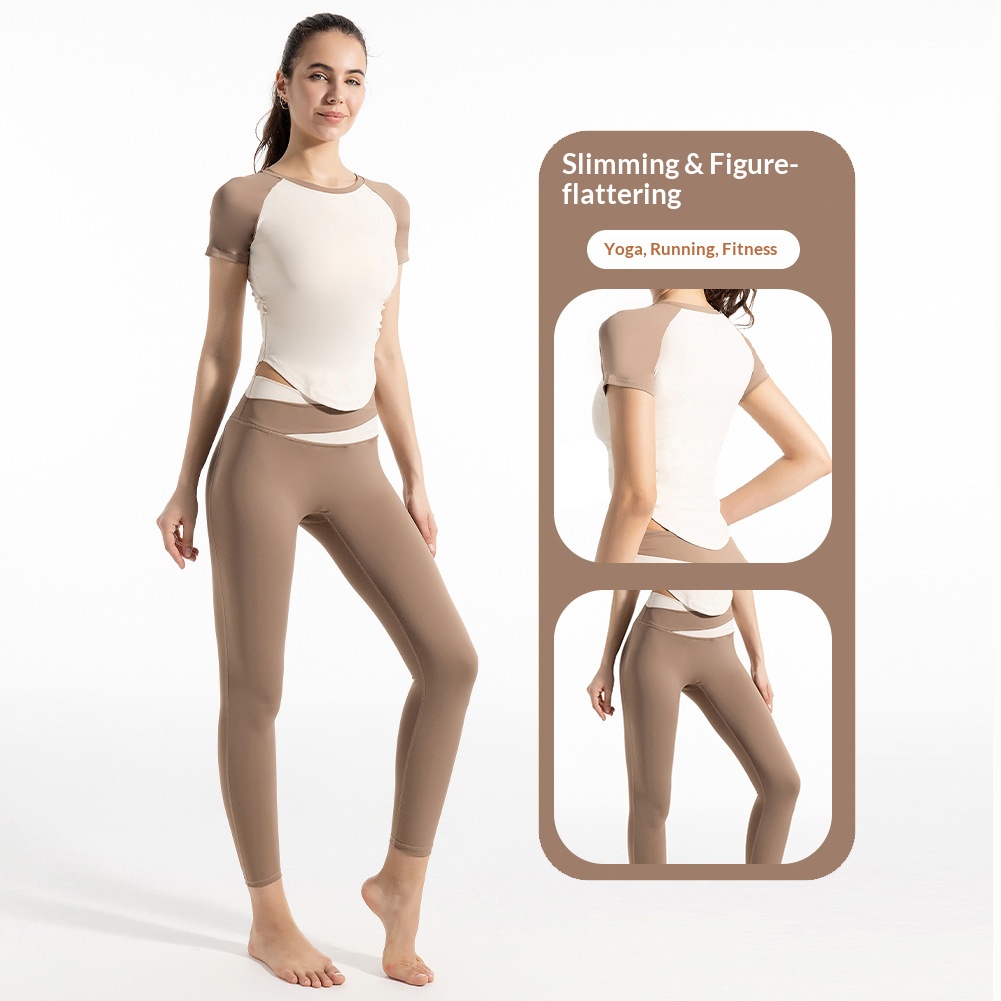 Color-Blocking Quick-Drying High-Elasticity Yoga Outfit Short-Sleeve Top Set High-Waisted Tight-Fitting Tummy Control Butt-Lifting Fitness Leggings