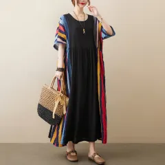 Loose Paneled Contrast Cotton And Linen Short Sleeve Striped Dress - Photo Color - View 1