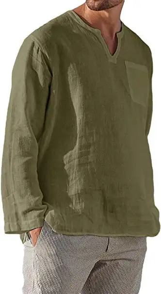 Men's Long Sleeve V-Neck Tops Casual Beach Linen Shirt