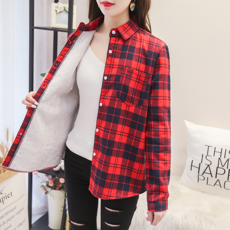 Thicken Plus Velvet Plaid Shirt Women Retro Red - Shop at LoveMi