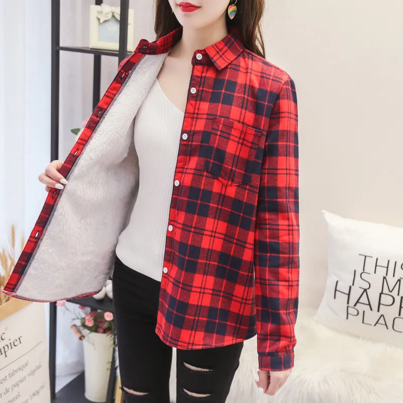 Thicken Plus Velvet Plaid Shirt Women Retro - Red