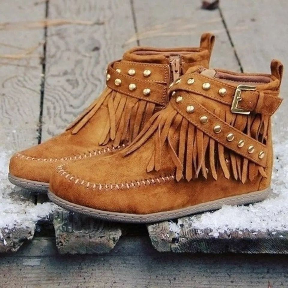 Retro Ankle Boots With Rivet Tassel Flat Shoes Women Winter Boots - Image 6