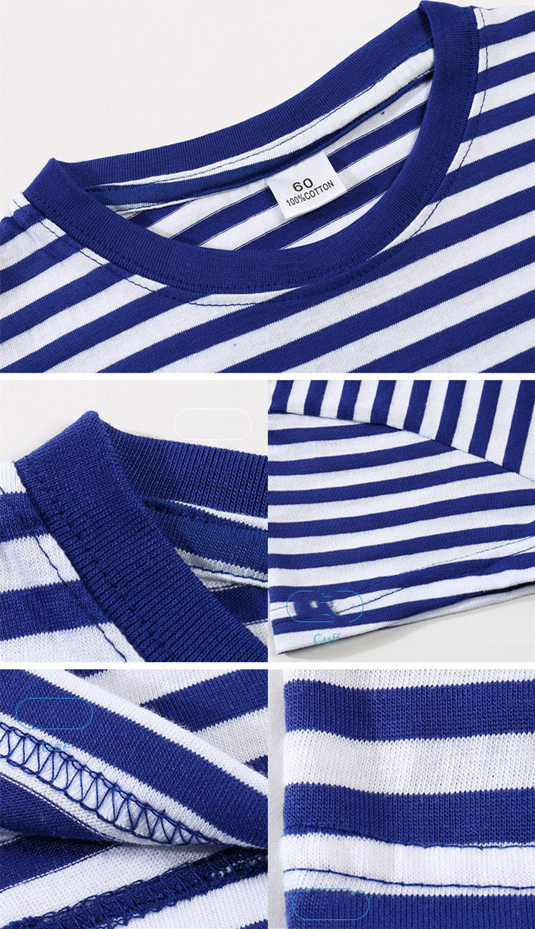 Children's Blue And White Stripes Round Neck Short Sleeve