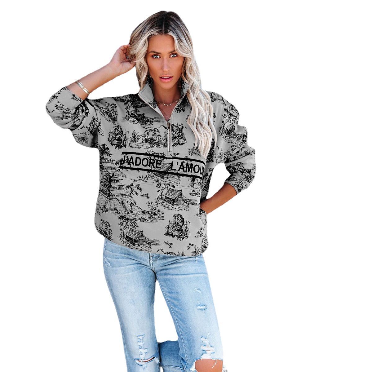 Printed Women's Half-Zip Stand Collar Sweatshirt