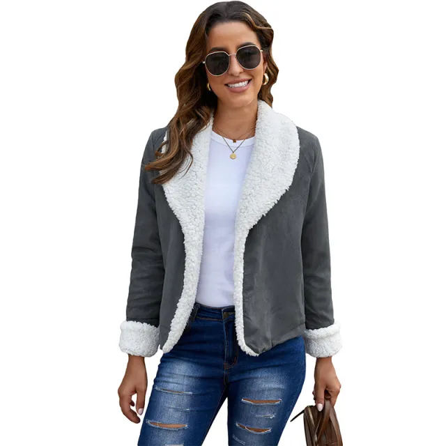 Women's Autumn And Winter Solid Color Imitation Velvet Jacket Coat Grey - Shop at LoveMi