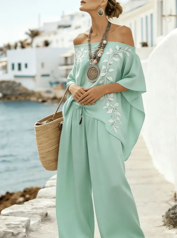 Bohemian Style Off the shoulder Batwing Sleeve Top Wide leg Pants Vacation Two piece Set Style6 Xl - Shop at LoveMi