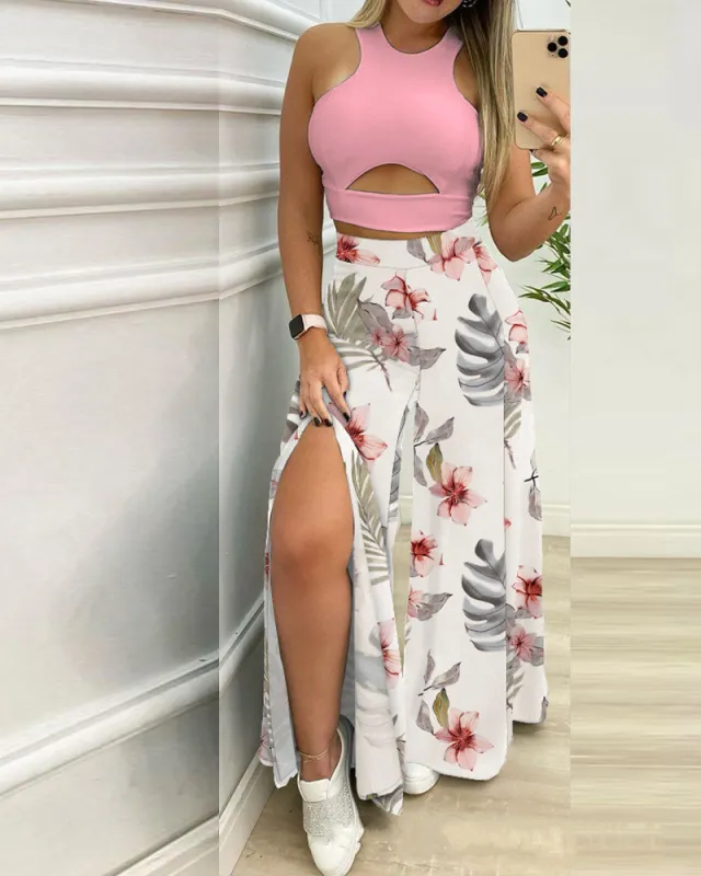 Summer Contrast Slit Wide Leg Pants Set Pink - Shop at LoveMi