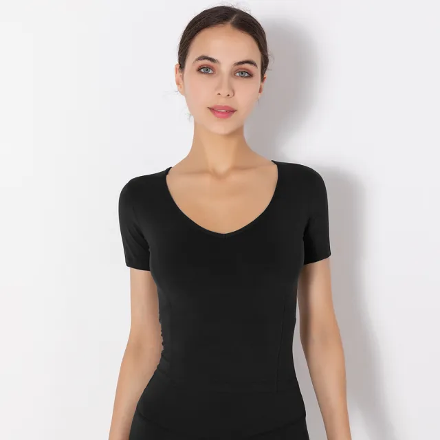 Yoga Sports Short sleeved Solid Color Stretch Seamless Fitness Training Top Women Black - Shop at LoveMi
