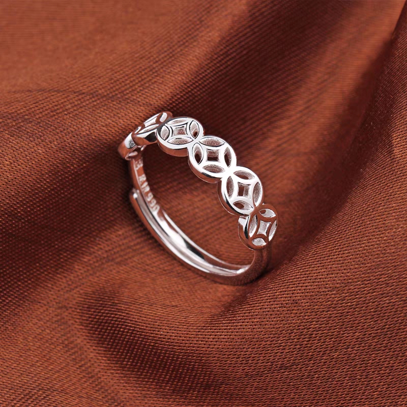 1pc 999 Sterling Silver Hollow Coin Open Ring, Retro Lucky Charm Style, Perfect For Daily Wear & Valentine's Day Gift