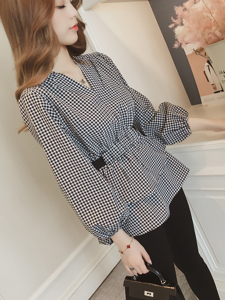 New Style Long-Sleeved Waisted Plaid Shirt Women's V-Neck Jacket Small Shirt Top