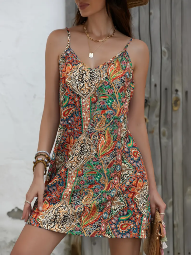 Paisley Print V Neck Cami Dress, Vacation Style Sleeveless Dress For Spring & Summer, Women's Clothing
