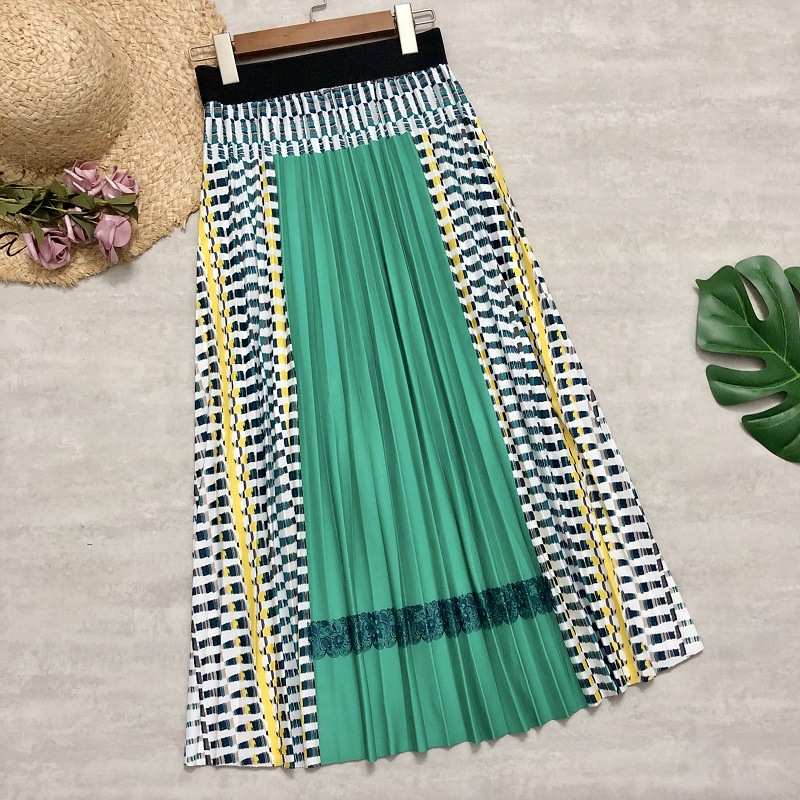 New Women's Skirts Stitching Pleated Skirt Bohemian Plaid A line Skirt Green - Shop at LoveMi
