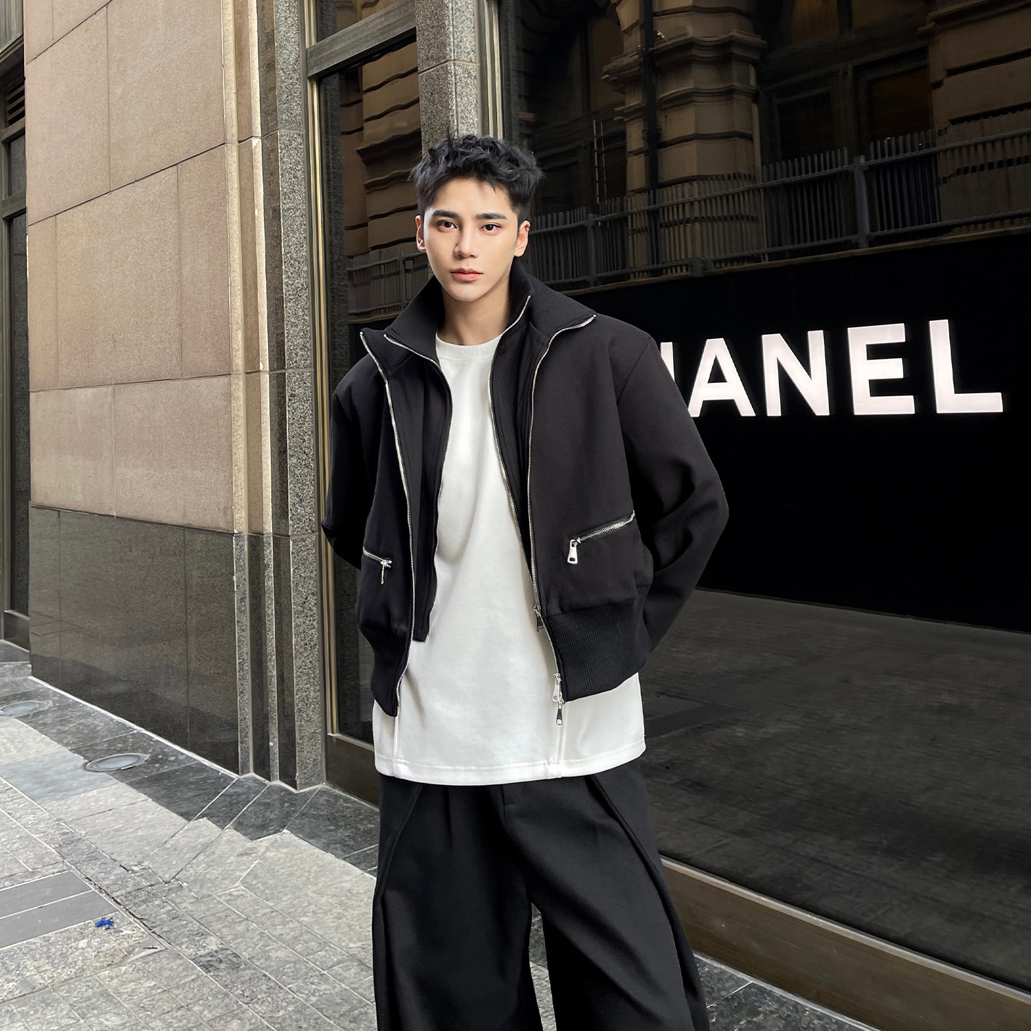 Fashion Black Double Layer Short Casual Jacket