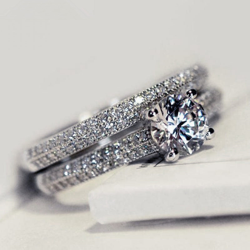Micro Pave Ring Set With Simulated Heart & Arrow Zirconia, Luxury Proposal Ring For Women