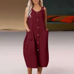 Loose And Comfortable Casual Cardigan Strap Dress - Wine - View 1