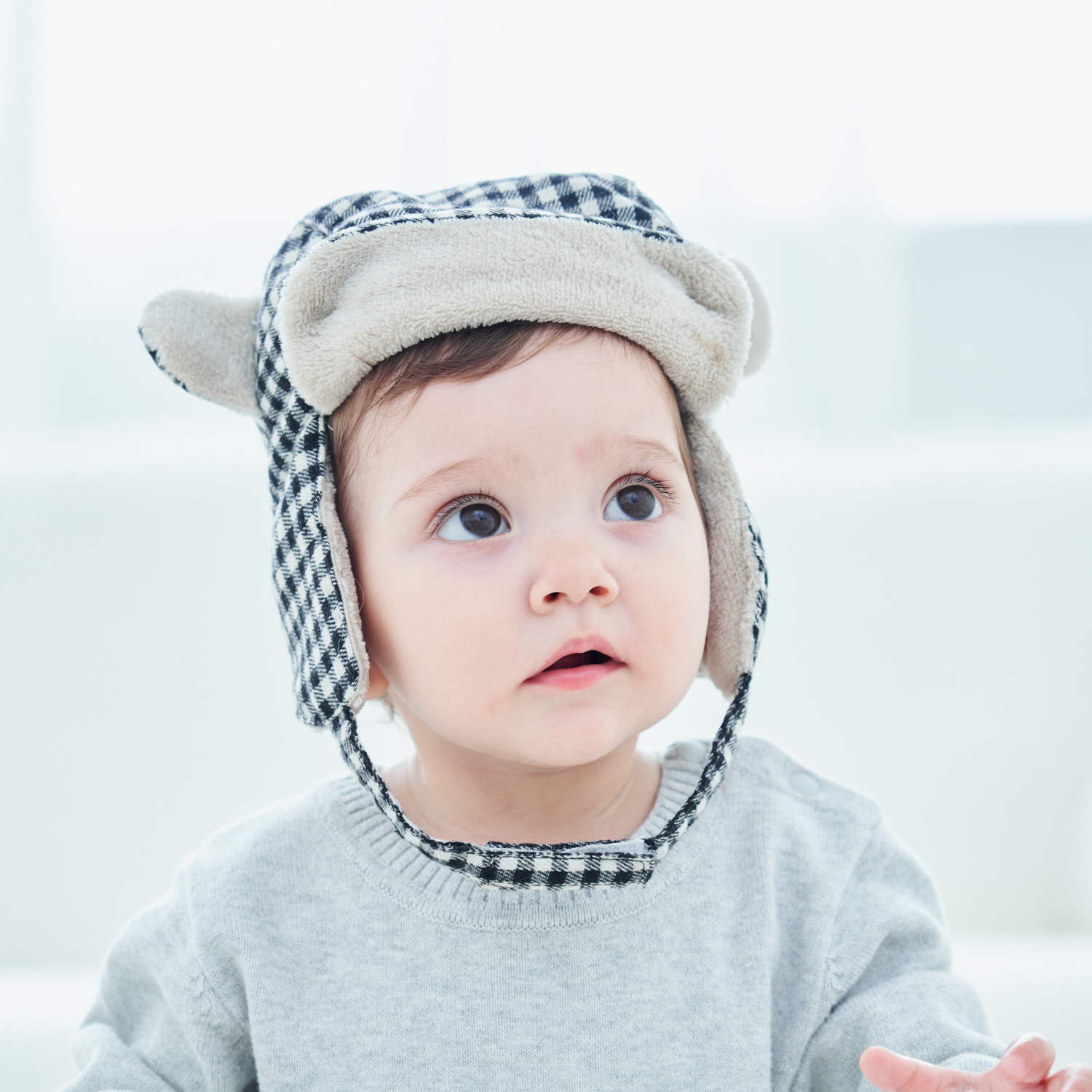 Black And White Plaid Bear Ears Plus Cashmere Baby Hat