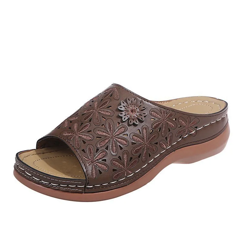 New Flower Fish Mouth Sandals Hollow Wedge Sandals And Slippers Women - Coffee