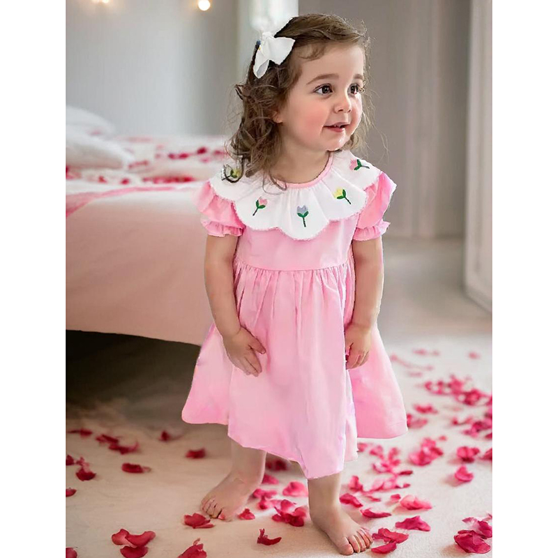 Toddler Baby Girl Spring Tulip Smocked Short Sleeve Dress With Lovely Tulip Embroidery Princess Dresses — view 5