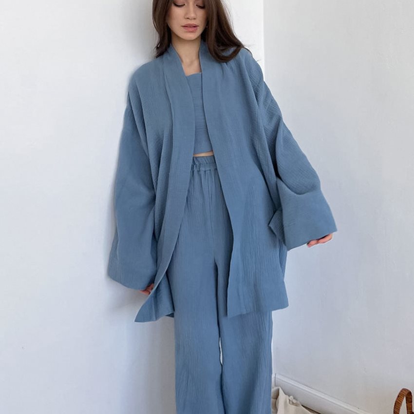 French Loose Gown Trousers Double Gauze Ladies Pajamas - Image 5