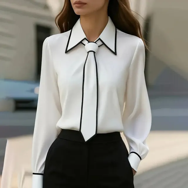 Women's Classic Tie & Lapel Blouse, Long Sleeve Contrast Color Design Shirt For Office And Formal Wear White - Shop at LoveMi