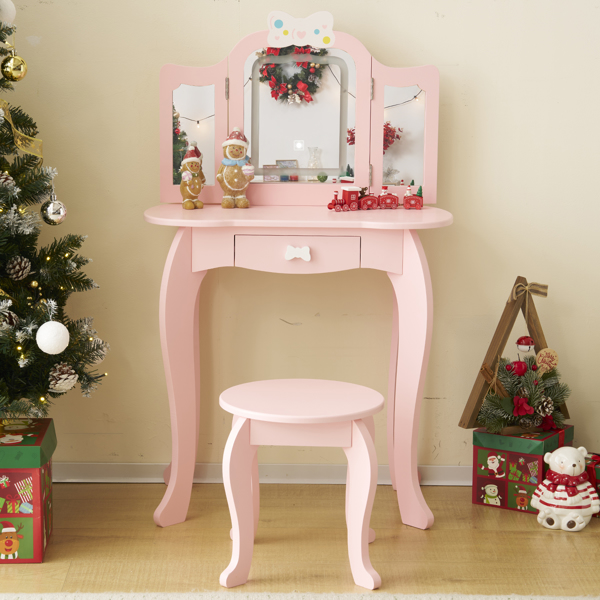 Kids Vanity Table And Chair Set, 2-in-1 Girls Vanity With Tri-Folding Mirror &...